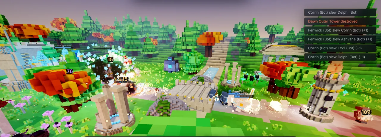 Spectator view of a 3v3 fight at the Dawn outer tower on the Sundered Causeway